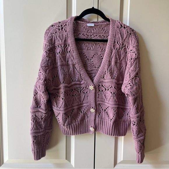 NWOT Lascana Pearl Button Crochet Cardigan Sweater in Mauve size 8-10 - Picture 6 of 13